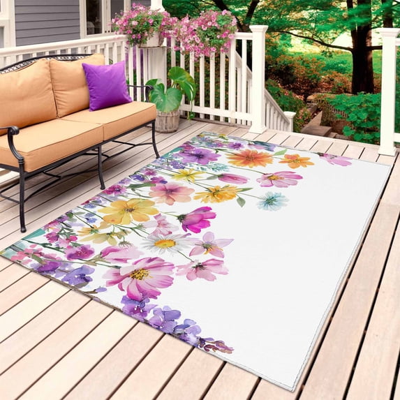 Pink Flowers Outdoor Rug 3x5 Ft, Non Slip Washable Area Rug, Spring Floral Elegant Pastoral Watercolor Patio Rugs Carpet Runner, Large Floor Mat for Indoor/Outdoor Deck Porch Camping