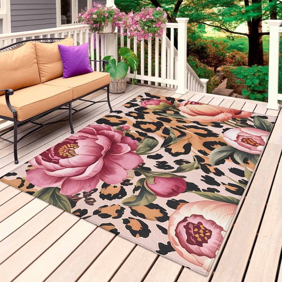 Pink Flowers Outdoor Rug 4x6 Ft, Non Slip Washable Area Rug, Leopard Spot Vintage Floral Country Plants Patio Rugs Carpet Runner, Large Floor Mat for Indoor/Outdoor Deck Porch Camping