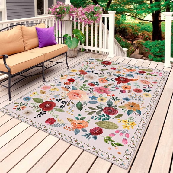 Pink Flowers Outdoor Rug 4x6 Ft, Non Slip Washable Area Rug, Spring Farmhouse Floral Leaves Vintage Patio Rugs Carpet Runner, Large Floor Mat for Indoor/Outdoor Deck Porch Camping