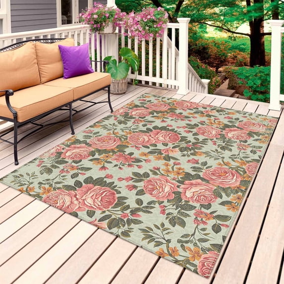 Pink Flowers Outdoor Rug for Patio/Deck/Porch, Non-Slip Large Area Rug 5 x 8 Ft, Romantic Botanical Floral Leaves Plants Indoor Outdoor Rugs Washable Area Rugs, Reversible Camping Rug Carpet Runner