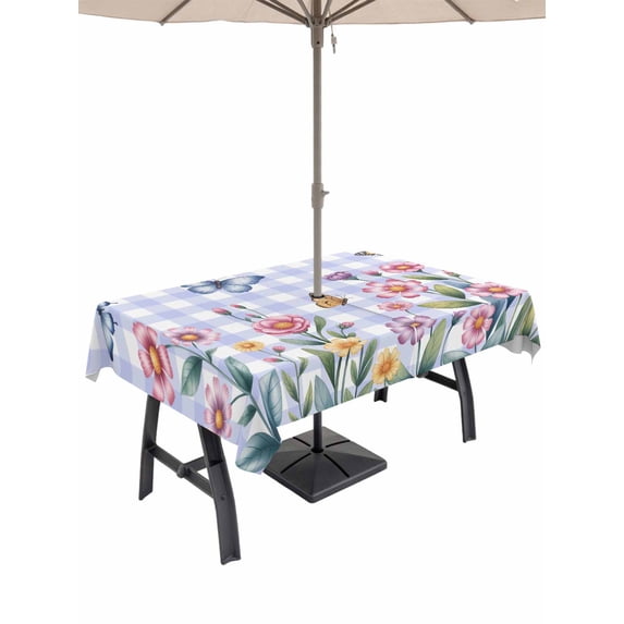 Pink Flowers Outdoor Tablecloth - 54x80 Inch Rectangle Dining Table Cover, Spring Floral Butterfly Leaves Plants Blue Plaid Waterproof Outdoor Table Cloth with Umbrella Hole & Zipper for Picnic/Patio