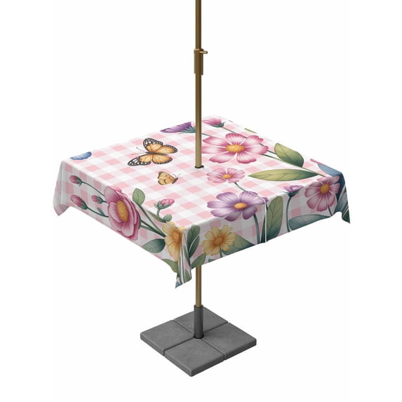 Pink Flowers Outdoor Tablecloth - 60x60 Inch Square Dining Table Cover, Spring Floral Butterfly Leaves Plants Rustic Plaid Waterproof Outdoor Table Cloth with Umbrella Hole & Zipper for Picnic/Patio