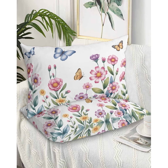 Pink Flowers Pillow Cases Standard Size Set of 2 - Microfiber Bed Throw Pillow Covers, Spring Floral Butterfly Leaves Plants Pastoral Decorative Lumbar Pillow Cover with Envelope Closure 20"x26"