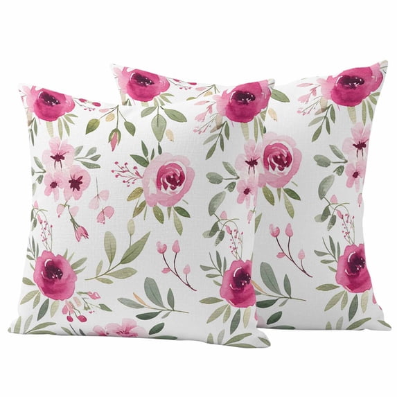Pink Flowers Pillow Covers 2 Pack Floral Leaves Watercolor Plant Spring Pillowcase Waterproof Outdoor Throw Pillow Cover for Patio Garden Square Cushion 24”x24”