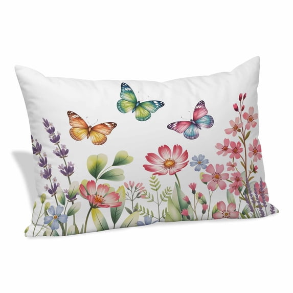Pink Flowers Pillow Covers, Linen Long Throw Pillow Case, Spring Floral Butterfly Elegant Pastoral Holiday Pillow Protector Decorative Cushion Cover for Living Room/Bedroom 20" x 30"
