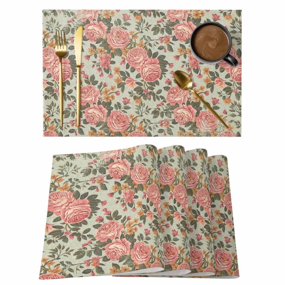 Pink Flowers Placemats Set of 1, Mural Retro Camellia Floral Illustration Non-Slip Place Mats Washable Table Mats for Kitchen Dining Table Decorations Indoor/Outdoor