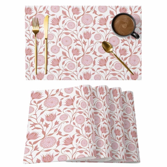 Pink Flowers Placemats Set of 12, Rustic Vintage Botanical Plants Floral Placemats for Dining Table, Place Mats for Kitchen Tabletop, Waterproof Wipeable Dining Table Mats Set