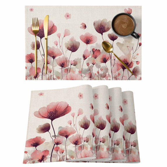 Pink Flowers Placemats Set of 12, Spring Watercolor Botanical Floral Beige Placemats for Dining Table, Place Mats for Kitchen Tabletop, Waterproof Wipeable Dining Table Mats Set