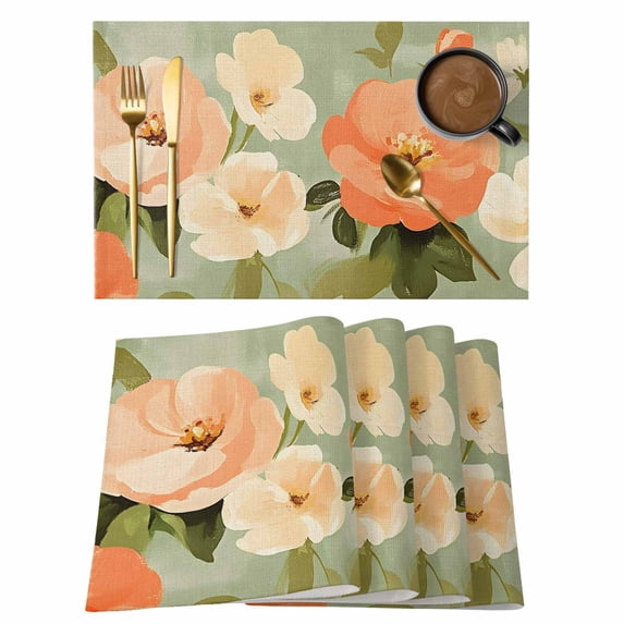 Pink Flowers Placemats Set of 6 Pastoral Botanical Retro Oil Painting Place Mats Indoor Wipeable Table Mats Washable Cloth Dining Table Placemats for Kitchen Holiday Party Home Decor 13x19 Inch