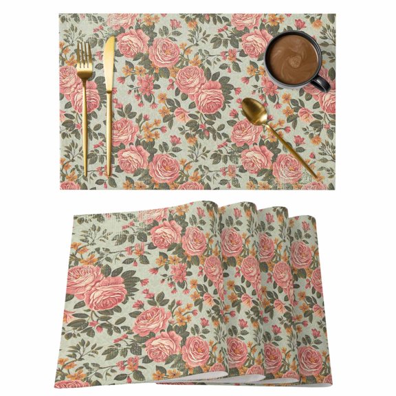 Pink Flowers Placemats Set of 1 Mural Retro Camellia Floral Illustration Heat Insulation Washable Place Mats, Non-Slip Table Mats for Dining Table Party Kitchen Decor,13x19 Inch