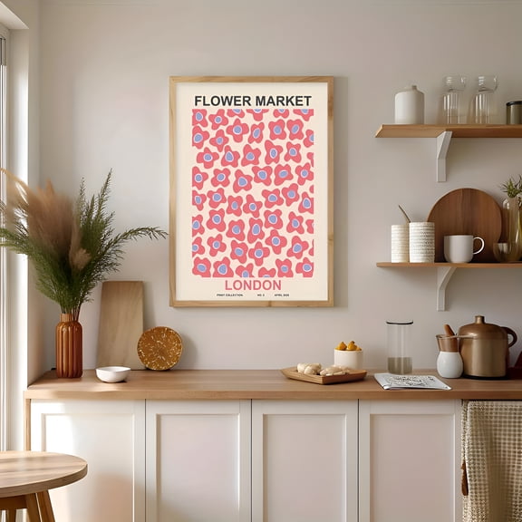 Pink Flowers Poster Wall Art Repeating Pattern Beige Background Retro Decor for Living Room Bedroom Cafe Office Gift, UNFRAMED 8x12