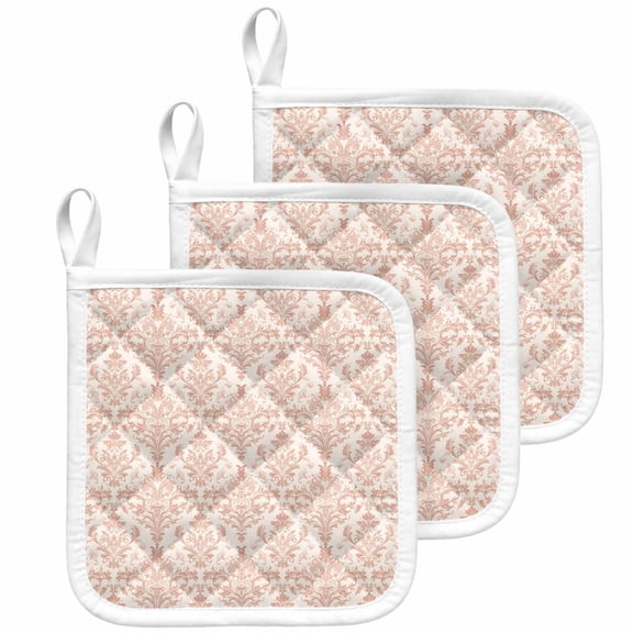 Pink Flowers Pot Holders for Kitchen Heatproof Potholder, 3 Pack Baroque Scroll Floral Damask Pattern Art Hot Pads Multipurpose Oven Pads Cloth Potholders Trivet for Cooking Baking