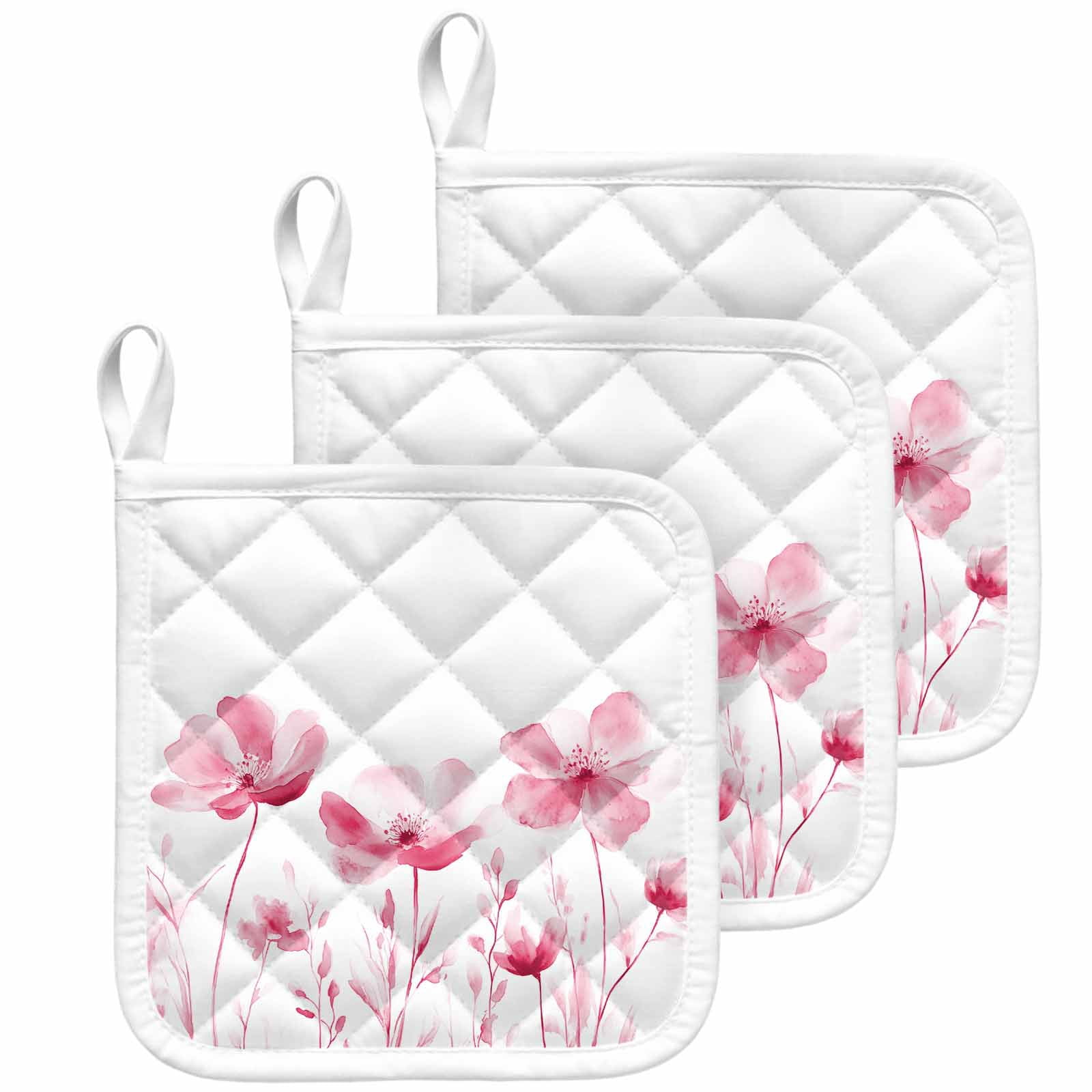 Pink Flowers Pot Holders for Kitchen Heatproof Potholder, 3 Pack Vintage White Floral Plant Herb Botanical Hot Pads Multipurpose Oven Pads Cloth Potholders Trivet for Cooking Baking