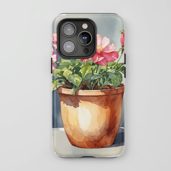 Pink Flowers Pot for All iPhone Series Tough Phone Case Watercolor Art Style