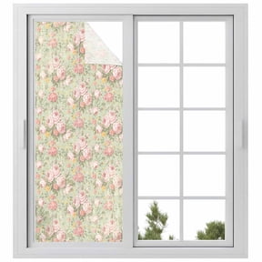 Pink Flowers Privacy Window Film, Decorative Frosted Glass Window Film, Green Country Botanical Floral Leaves Reusable Peel and Stick Static Cling for Home Bathroom Office Glass Door 23.6"x59"
