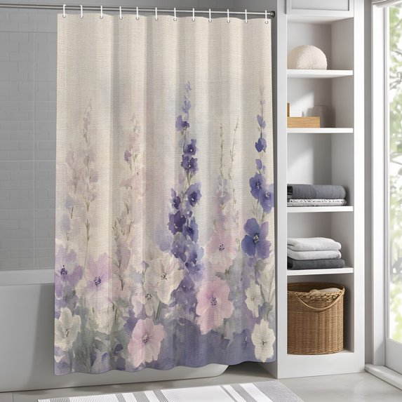 Pink Flowers Purple Lavender Shower Curtain for Bathroom, Spring Idyllic Fabric Shower Curtain Set with Hooks, Waterproof Washable Bath Curtain for Bathroom Decor, 60"x72"