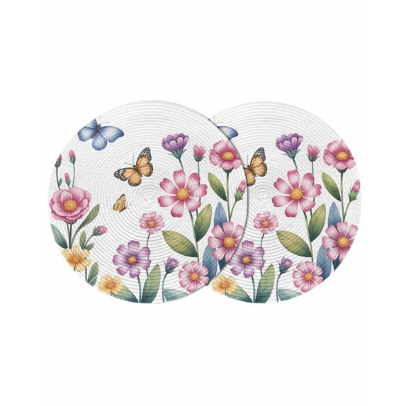 Pink Flowers Round 13 Inch Placemats Set of 2, Spring Floral Butterfly Leaves Plants Pastoral HeatResistant Non Slip Place Mats for Dining Table, Wipeable Braided Kitchen Table Mats for Housewarming
