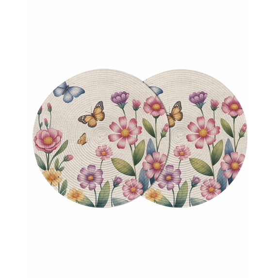 Pink Flowers Round 13 Inch Placemats Set of 2, Spring Floral Butterfly Leaves Plants Retro Beige HeatResistant Non Slip Place Mats for Dining Table, Wipeable Kitchen Table Mats for Housewarming