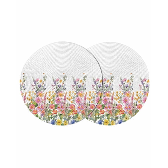 Pink Flowers Round 13 Inch Placemats Set of 2, Spring Floral Daisy Farmhouse Pastoral Botanical HeatResistant Non Slip Place Mats for Dining Table, Wipeable Kitchen Table Mats for Housewarming