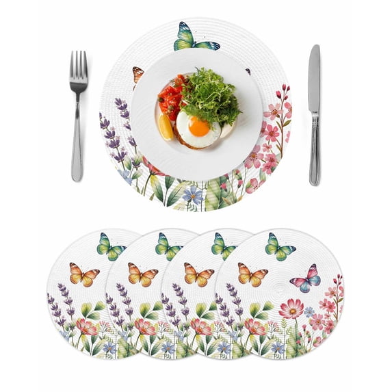 Pink Flowers Round 13 Inch Placemats Set of 4, Spring Floral Butterfly Elegant Pastoral HeatResistant Non Slip Place Mats for Dining Table, Wipeable Braided Kitchen Table Mats for Housewarming