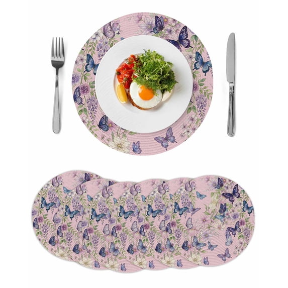 Pink Flowers Round 13 Inch Placemats Set of 6, Spring Floral Purple Butterflies Farmhouse HeatResistant Non Slip Place Mats for Dining Table, Wipeable Braided Kitchen Table Mats for Housewarming