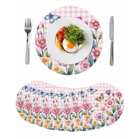 Pink Flowers Round 13 Inch Placemats Set of 8, Spring Floral Butterfly Leaves Plants Rustic Plaid HeatResistant Non Slip Place Mats for Dining Table, Wipeable Kitchen Table Mats for Housewarming
