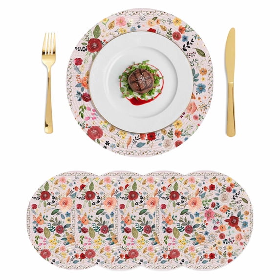 Pink Flowers Round 15 Inch Placemats Set of 4, Spring Farmhouse Floral Leaves Vintage HeatResistant Non Slip Place Mats for Dining Table, Wipeable Braided Kitchen Table Mats for Housewarming