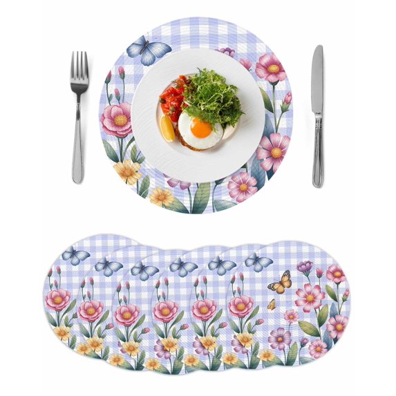 Pink Flowers Round 15 Inch Placemats Set of 6, Spring Floral Butterfly Leaves Plants Blue Plaid HeatResistant Non Slip Place Mats for Dining Table, Wipeable Kitchen Table Mats for Housewarming