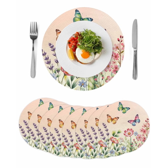 Pink Flowers Round 15 Inch Placemats Set of 8, Spring Floral Butterfly Elegant Pastoral Botanical HeatResistant Non Slip Place Mats for Dining Table, Wipeable Kitchen Table Mats for Housewarming