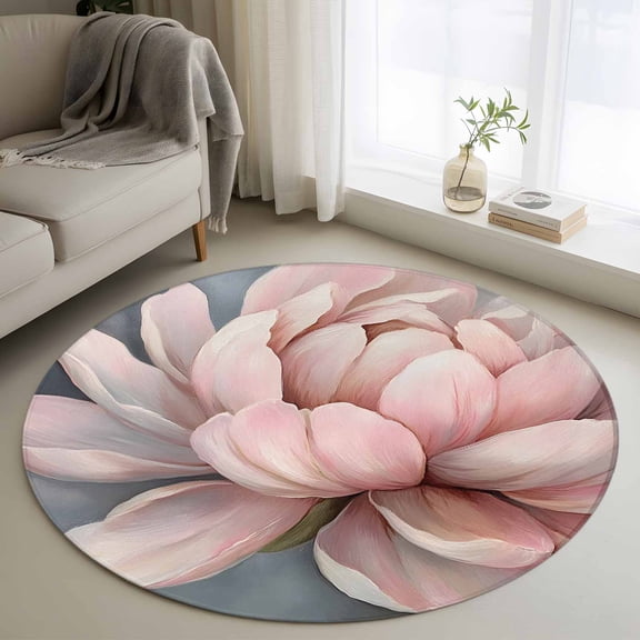 Pink Flowers Round Area Rug 4 FT, Non Slip Indoor Outdoor Rug, Spring Country Pastoral Botanical Floral Washable Soft Circular Carpet Non-Shedding Floor Mat for Coffee Table Nursery Foyer Balcony