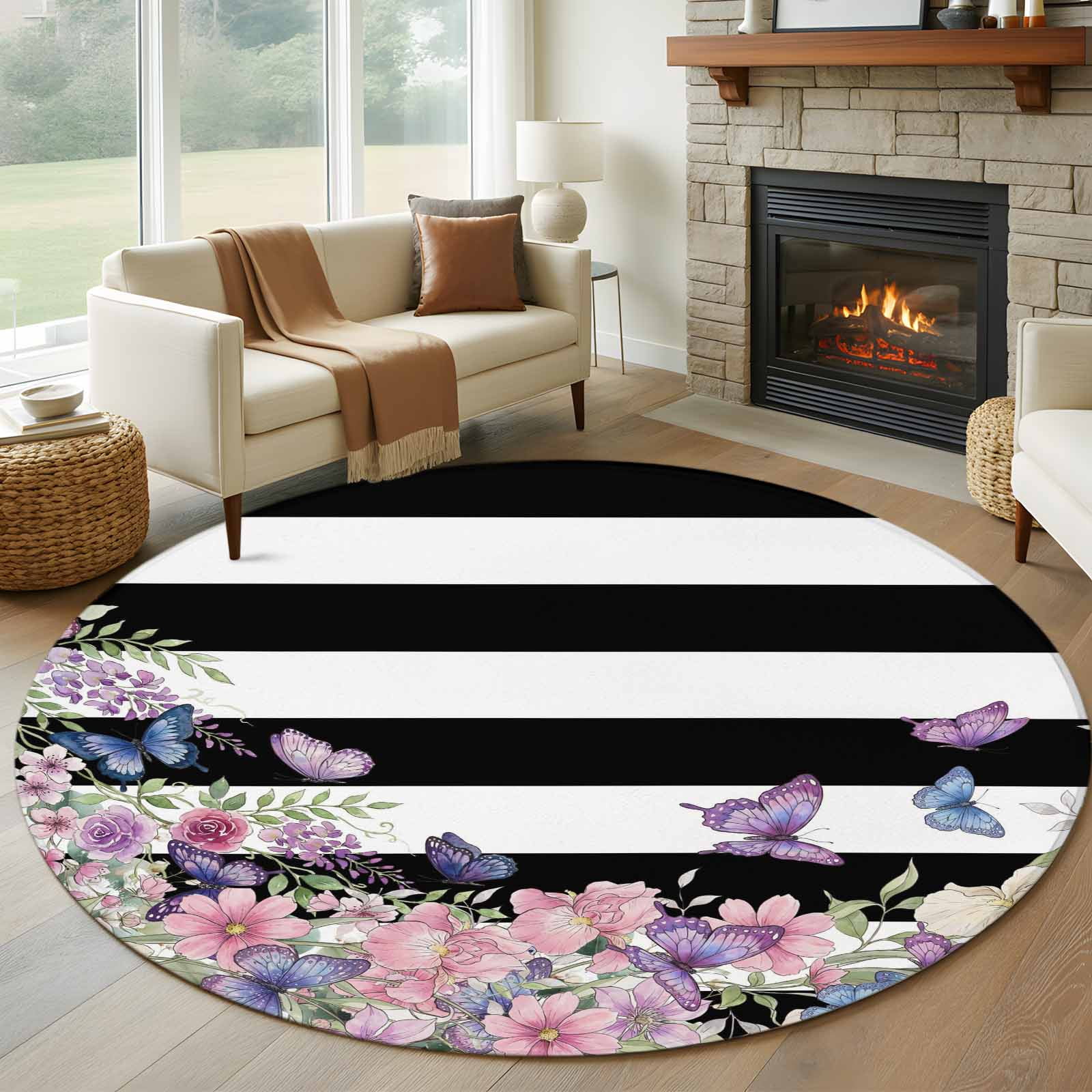 Pink Flowers Round Area Rug 5Ft Washable Circle Rugs for Living Room Bedroom, Spring Floral Watercolor Botanical Farmhouse Striped Non-Slip Carpet Floor Mats Indoor Outdoor Carpet Runner Home Decor