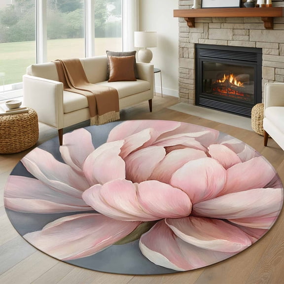 Pink Flowers Round Area Rug 6 FT, Non Slip Bedroom Rugs, Spring Country Pastoral Botanical Floral Washable Soft Circular Carpet Non-Shedding Floor Mat for Kitchen Dining Room Home Office Kids Room