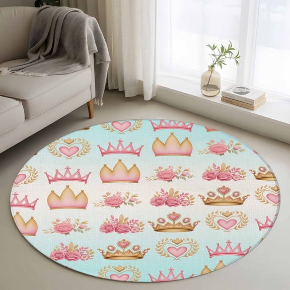 Pink Flowers Round Area Rugs 3 ft, Love Princess Crown Rose Abstract Gradient Blue Washable Small Area Rug with Non-Slip Sturdy Edge Binding Round Front Door Mat Floor Carpet for Entryway