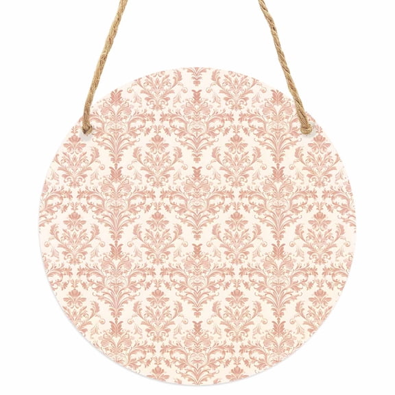 Pink Flowers Round Front Door Welcome Sign, 5.9 Inch Wall Hanging Decor for Indoor Outdoor, Baroque Scroll Floral Damask Pattern Art Home Porch Hanger Decorations for Holiday Gift