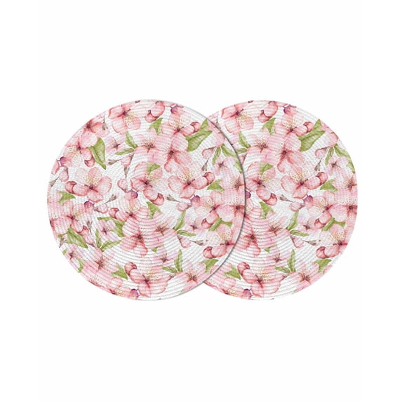 Pink Flowers Round Placemats Set of 2 for Dinning Tables,Heat-proof Braided Table Mats 13 Inch,Watercolor Spring Botanical Floral Leaves Washable Place Mat for Kitchen Restaurant Party Table Decor