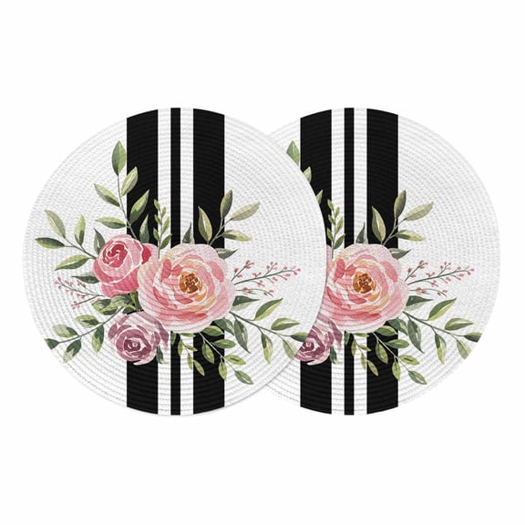 Pink Flowers Round Placemats Set of 2 Romantic Floral Leaves Black Striped Place Mats Indoor Woven Table Mats Washable Heat-Resistance Braided Dining Table Placemats for Kitchen Party Decor 13 Inch