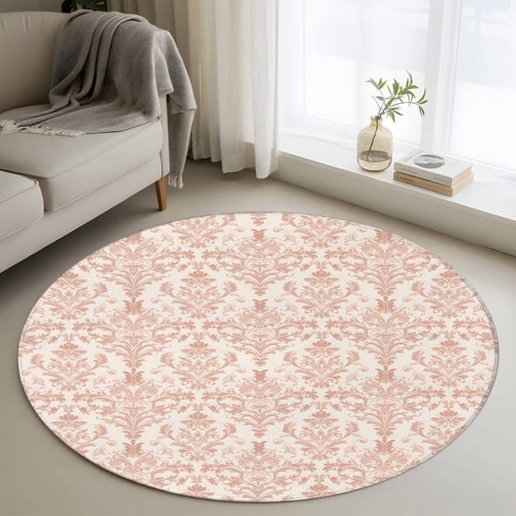 Pink Flowers Round Rug 3ft Washable Circle Entryway Rugs Non Slip Baroque Scroll Floral Damask Pattern Art Area Rug Indoor Floor Carpet for Bedroom Kitchen Living Room Home Office Dining Room Nursery