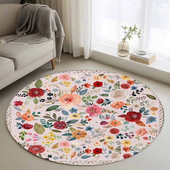 Pink Flowers Round Rug 4ft Washable Circle Entryway Rugs Non Slip Spring Farmhouse Floral Leaves Vintage Area Rug Indoor Floor Carpet for Bedroom Kitchen Living Room Home Office Dining Room Nursery