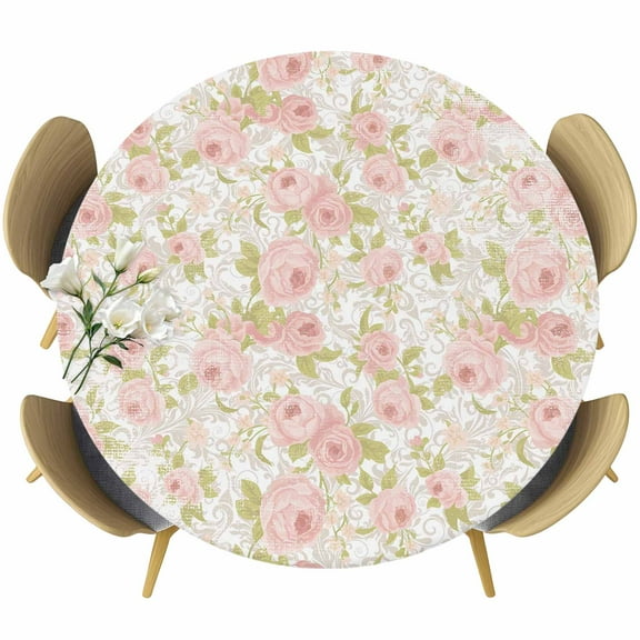 Pink Flowers Round Tablecloth 36-44 Inch Round Fitted Table Cloth with Elastic Edge, Country Botanical Floral Leaves Romantic Waterproof Table Cover Protector for Outdoor Picnic Party Dining