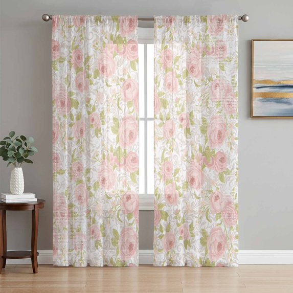 Pink Flowers Semi Sheer Curtains 63 Inch Length 2 Panels Set, Country Botanical Floral Leaves Romantic Sheer Kitchen Curtain Privacy Voile Window Curtain for Living Room Bedroom Rod Pocket Drapes