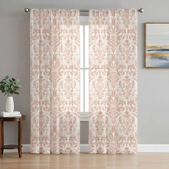 Pink Flowers Semi Sheer Curtains 96 Inch Length 2 Panels Set, Baroque Scroll Floral Damask Pattern Art Sheer Kitchen Curtain Privacy Voile Window Curtain for Living Room Bedroom Rod Pocket Drapes