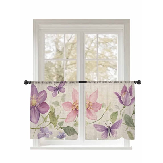 Pink Flowers Sheer Curtains 2 Panels Set Spring Watercolor Pastoral Linen Texture Lihgt Filtering Rod Pocket Voile Drape, Semi Sheer Window Curtains for Bedroom Living Room, 52"x54"