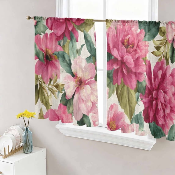 Pink Flowers Sheer Curtains 45 Inch Length 2 Panels Set Window Treatments, Spring Watercolor Floral Leaves Plants Beige Rod Pocket Semi Curtains for Living Room/Bedroom/Kitchen Décor, 104"W x 45"L