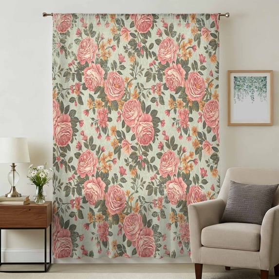 Pink Flowers Sheer Curtains 45 Inches Long, Romantic Botanical Floral Leaves Plants Light Filering Curtains, Breathable Simi Curtain Privacy Drapes for Kitchen Bathroom Small Window Treatment