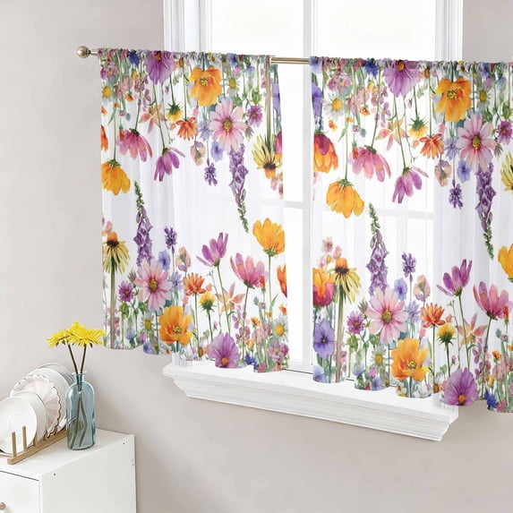 Pink Flowers Sheer Curtains 54 Inches Length 2 Panels Set, Window Sheer Curtains for Living Room/Bedroom, Elegant Spring Floral Pastoral Watercolor Light Filtering Rod Pocket Curtain 52''x54''x2