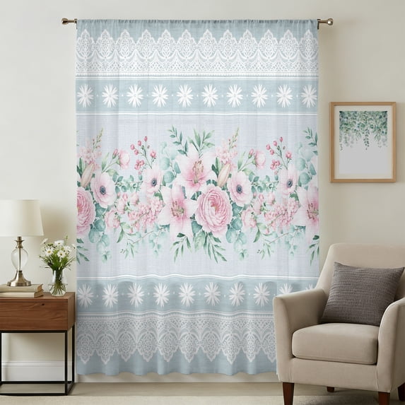 Pink Flowers Sheer Curtains 54 Inches Long, Blue Country Botanical Floral Stripes Light Filering Curtains, Breathable Simi Curtain Privacy Drapes for Kitchen Bathroom Nursery Window Treatment