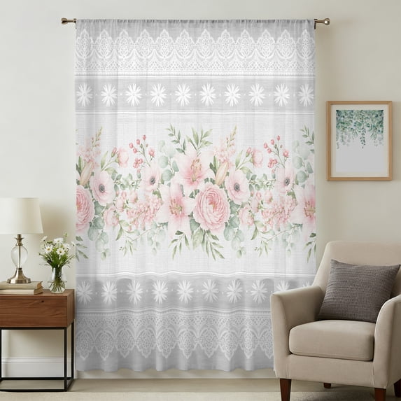 Pink Flowers Sheer Curtains 54 Inches Long, Grey Vintage Botanical Floral Striped Light Filering Curtains, Breathable Simi Curtain Privacy Drapes for Kitchen Bathroom Nursery Window Treatment