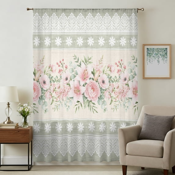 Pink Flowers Sheer Curtains 54 Inches Long, Sage Green Spring Botanical Floral Stripes Light Filering Curtains, Breathable Simi Curtain Privacy Drapes for Kitchen Bathroom Nursery Window Treatment