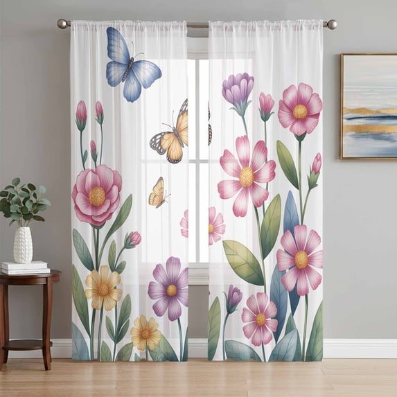 Pink Flowers Sheer Curtains 84 Inch Length 2 Panels Set Window Treatments, Spring Floral Butterfly Leaves Plants Pastoral Rod Pocket Semi Curtains for Living Room/Bedroom/Kitchen Décor, 104"W x 84"L