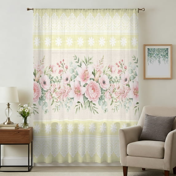 Pink Flowers Sheer Curtains 96 Inches Long, Farmhouse Botanical Floral Boho Striped Light Filering Curtains, Privacy Drapes Simi Floor to Veiling Curtain for Living Room Bedroom Window Treatment